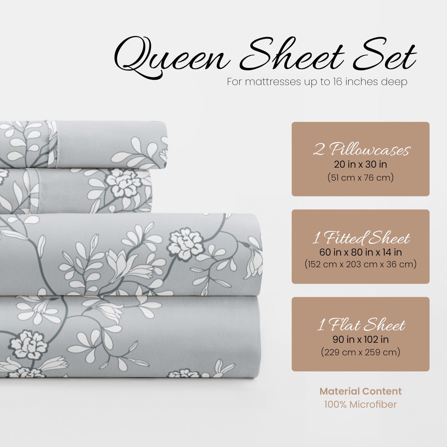 Linen Market Patterned Microfiber Queen Sheet Set 4 Piece – Oeko-TEX Certified Ultra Soft & Wrinkle-Free - 16" Deep Pocket Sheets - Easy Care Queen Size - Trellis Vine Light Gray