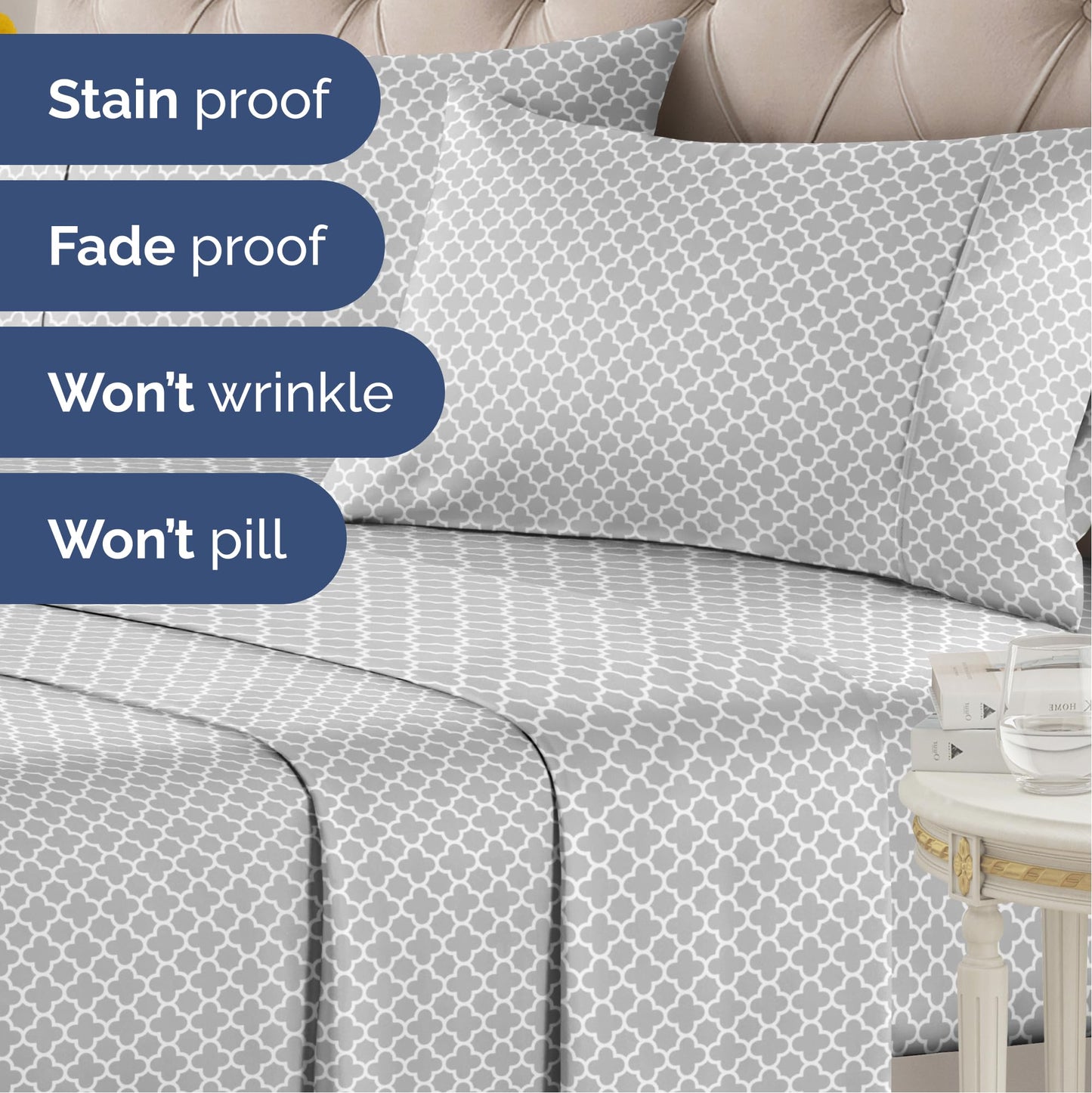 Grey Geometric Bed Sheets - 1 Flat & 1 Fitted Sheet & 2 Pillowcases w/ Deep Pockets – Wrinkle & Fade Free- Ultra-Soft, Breathable and Cooling - Luxury Moroccan Bed Set – Full Size - Gray Quatrefoil
