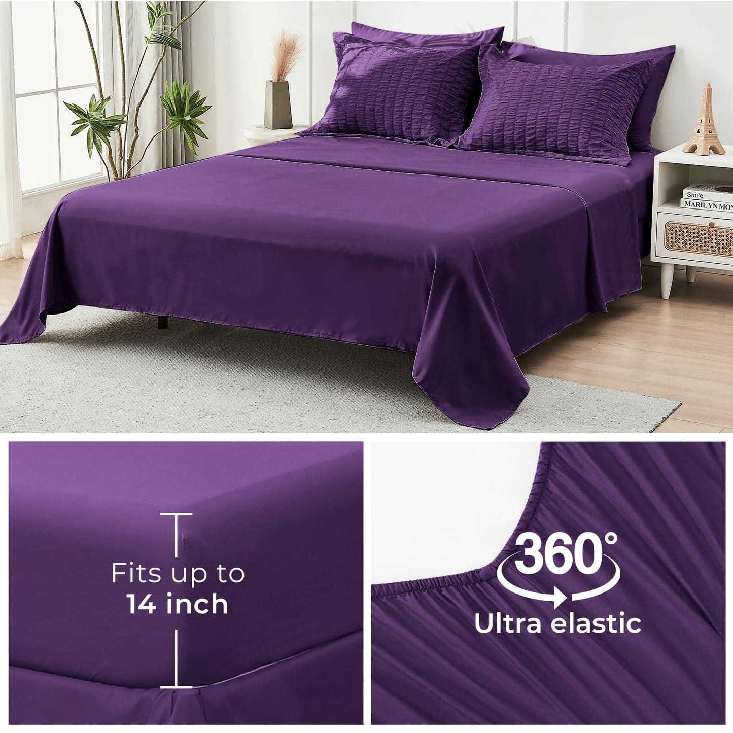 HYMOKEGE Dark Purple Twin Comforter Set Seersucker 5 Pieces, All Season Luxury Bed in a Bag for Bedroom, Bedding Set with Comforter, Sheets, Pillowcase & Sham