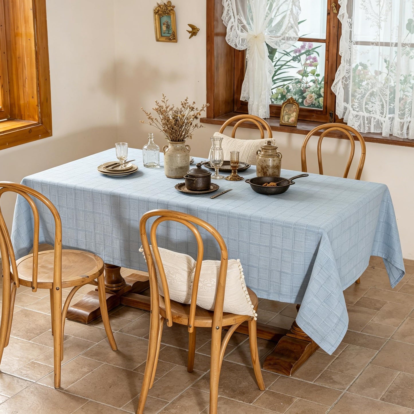 Laolitou Blue Checkered Table Cloth Rectangle Table Gingham Textured Cotton Linen Tablecloth Wrinkle Free Stain Resistant Plaid Table Cover for Dining Kitchen, 60"X84"
