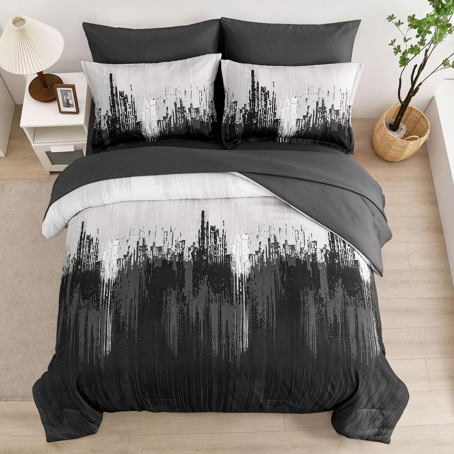 WONGS BEDDING Comforter Set Queen,Black Grey 7 Pieces Bed in a Bag Colorful Abstract Art Gradient Comforter Soft Microfiber Bedding Set with Comforter,Flat Sheet,Fitted Sheet,Pillow Shams,Pillowcases