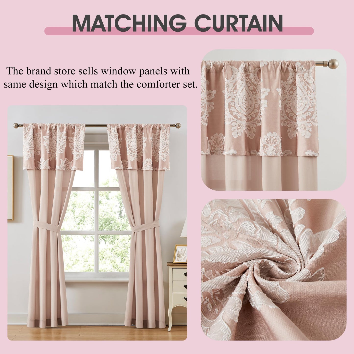 LANCO MODERN LIFESTYLE Blush Queen Comforter Set 7 Pieces, Jacquard Woven with Damask, Bedding Set in a Bag Includes Comforter, Bed Skirt, Pillow Shams, and Decorative Pillows