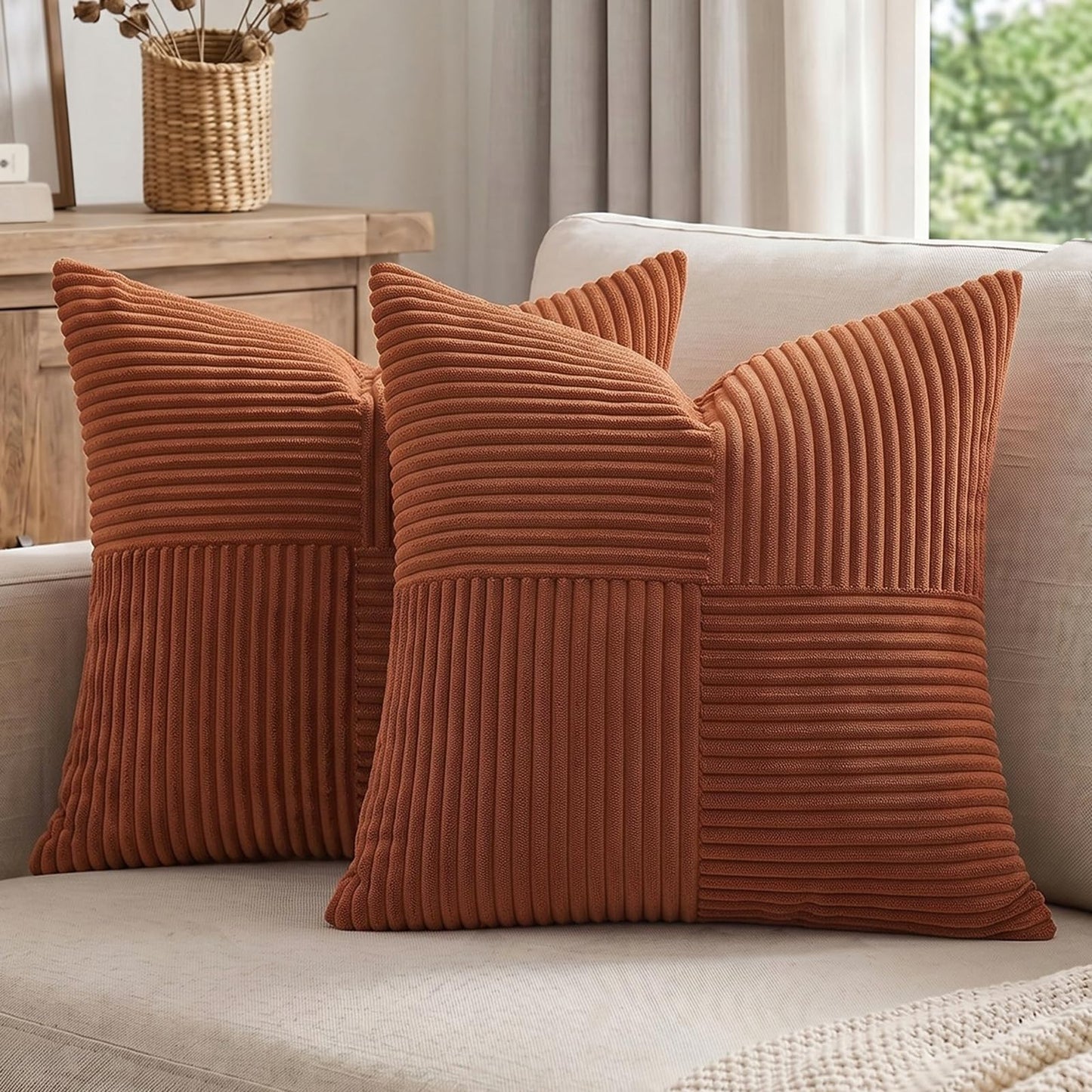 Fancy Homi 2 Packs Rust Boho Decorative Throw Pillow Covers 18x18 Inch for Couch Bed Sofa, Farmhouse Fall Home Decor, Soft Corss Corduroy Patchwork Textured Terracotta Accent Cushion Case 45x45 cm