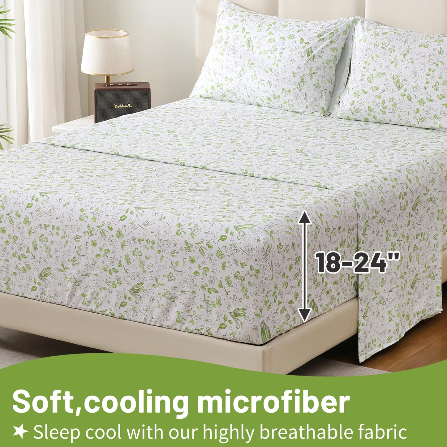 Bedlifes Queen Sheet Set Ultra Soft, Breathable, Silky Flower Deep Pocket 100% Microfiber Bedding, 4 Piece Queen Size Green Floral
