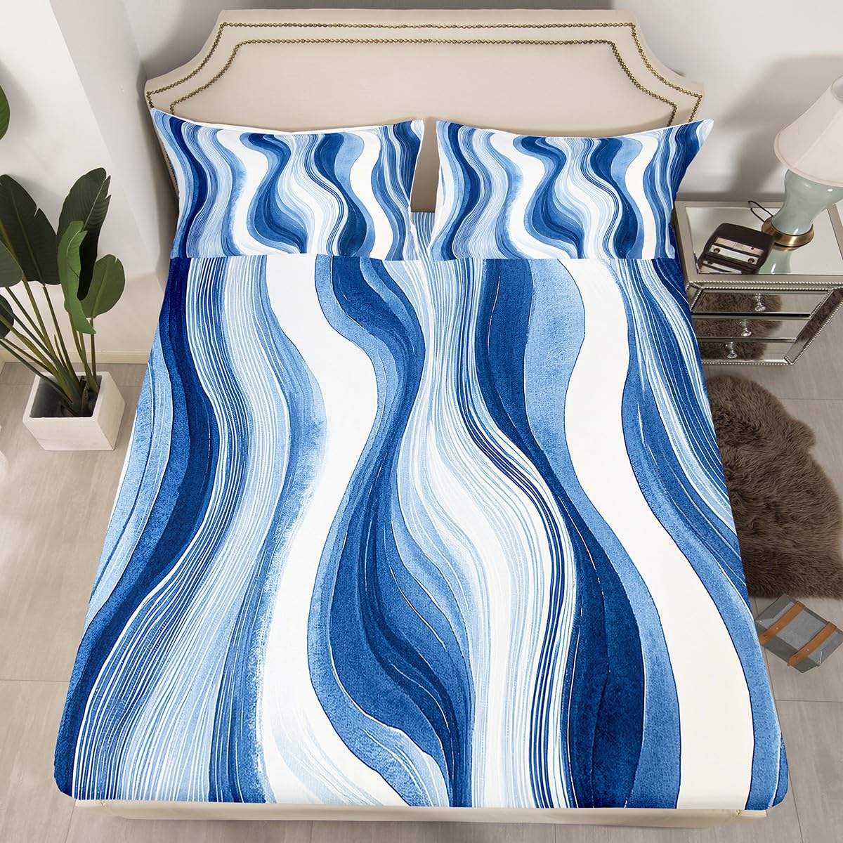 Feelyou Stripes Bed Sheets Set Geometric Sheet Set for Kids Boys Girls Teens Room Decor Sheets with Deep Pocket Fitted Sheet Queen Size Modern Striped Art Bedding Set 4Pcs