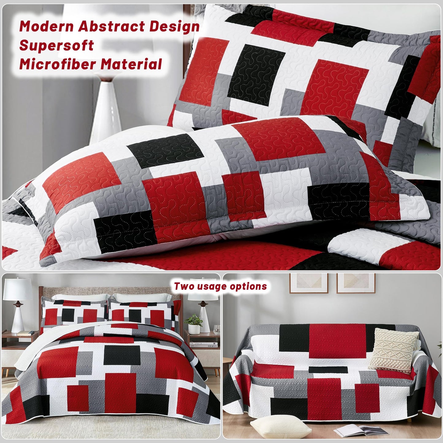 Tyrot 3 Piece Red Black Grey Quilt Set Full/Queen Size Red and White Geometric Reversible Bedding Set Microfiber Lightweight Bedspread Coverlet with 2 Shams Modern Bed Cover for All Season, 90''x96''