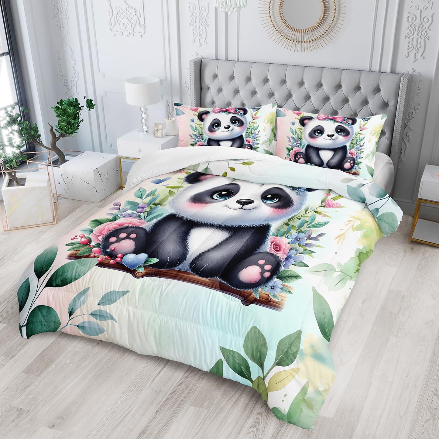 Kawaii Panda Comforter 3Pcs Twin Tie Dye Wildlife Flower Bear Bedding Set