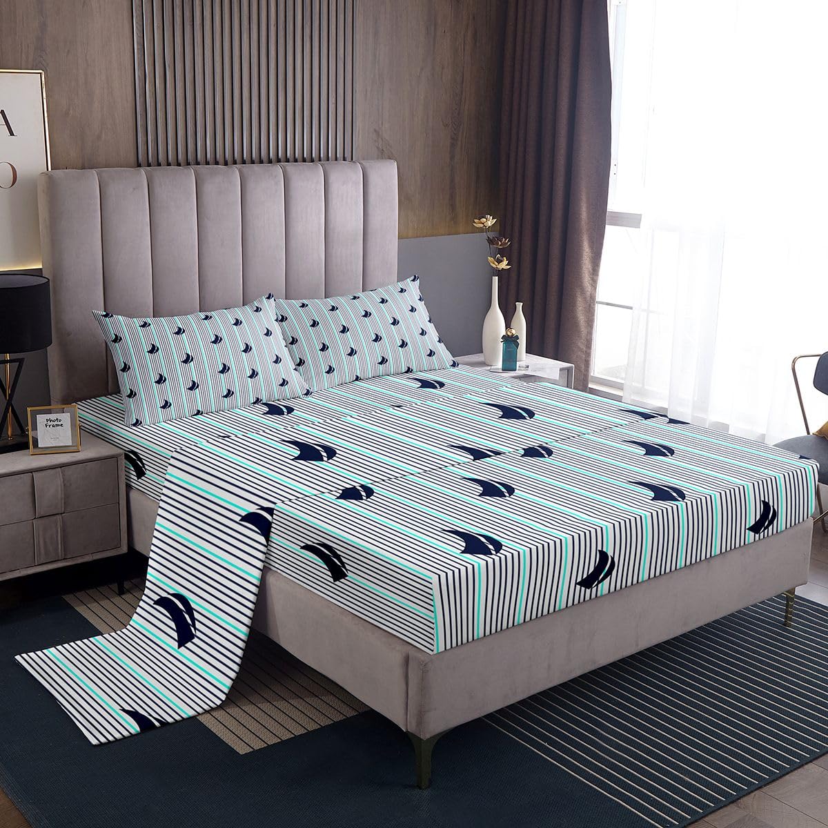 Feelyou Natural Bed Sheets Set Full Size Southern Tide Sheet Set for Kids Boys Girls Decor Coastal Sheets with Deep Pocket Fitted Sheet Boat Strip Lines Grey Bedding Set Bedroom