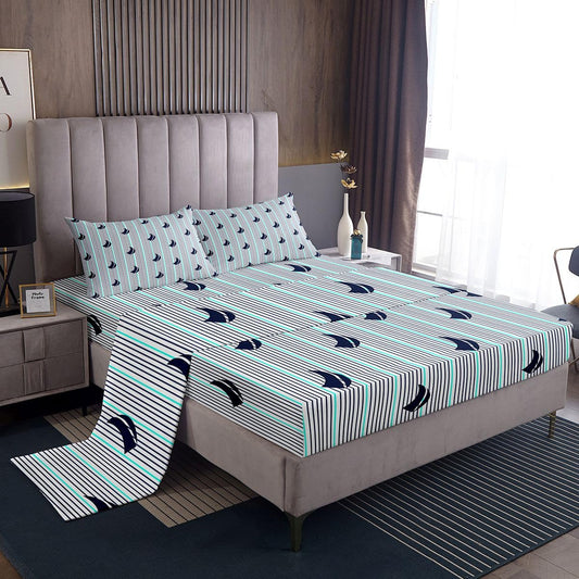 Feelyou Natural Bed Sheets Set Full Size Southern Tide Sheet Set for Kids Boys Girls Decor Coastal Sheets with Deep Pocket Fitted Sheet Boat Strip Lines Grey Bedding Set Bedroom