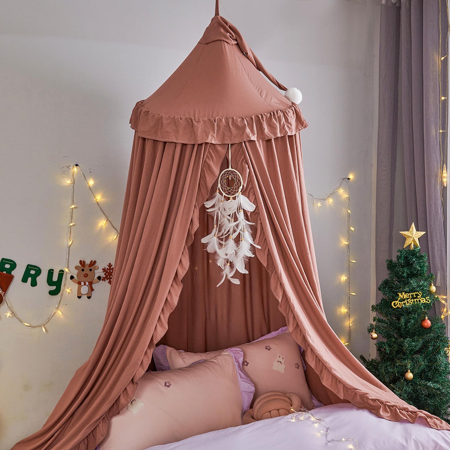 VETHIN Bed Canopy for Girls,Princess Round Dome Dreamy Mosquito Net Bedding Girls Room Castle Play Tent Hanging House Decor Reading Nook Canopies (JujubeRed)