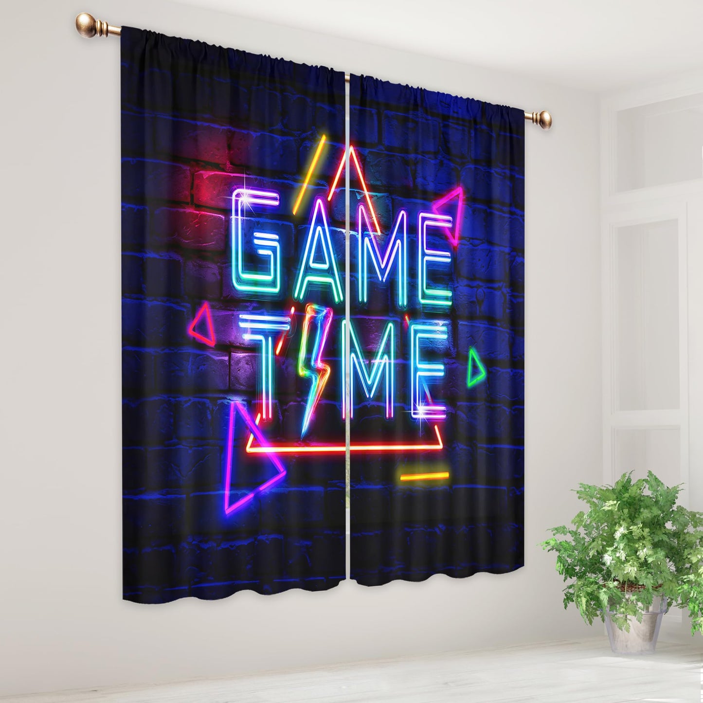 Mitpok Kids Neon Gaming Curtains for Boys Bedroom 42Wx63H Inch Rod Pocket Gamer Video Game Time Cool Modern Geometric Rustic Brick Wall Child 2 Panel Window Treatment Set for Playroom Room Decor