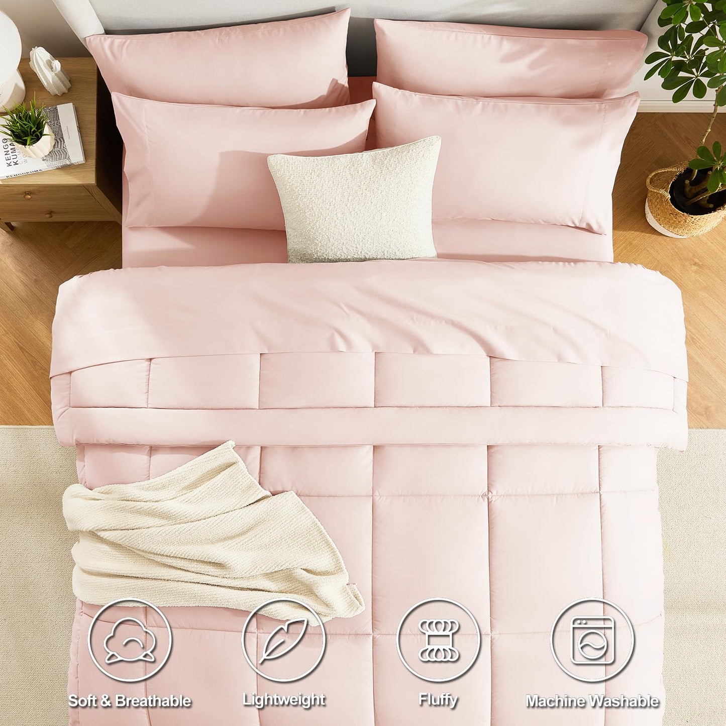 CozyLux Queen Comforter Set Blush Pink, 7 Pieces Bed in a Bag, Pink Comforters Queen Size, All Season Bedding Sets with Stitch Quilted Comforter, Flat Sheet, Fitted Sheet, Pillowcases