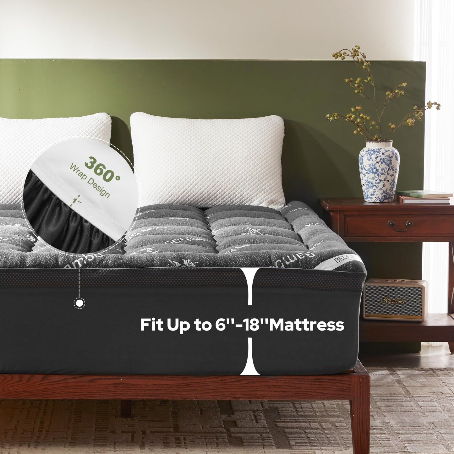 BEDLORE 4 Inch Memory Foam Mattress Topper King,2-in-1 Dual Layer Design (2" Gel Memory Foam + 2" Plush Pillow Top Cover) Mattress Topper Medium-Firm,Pressure Relief & Back Pain Support(Dark Gray)