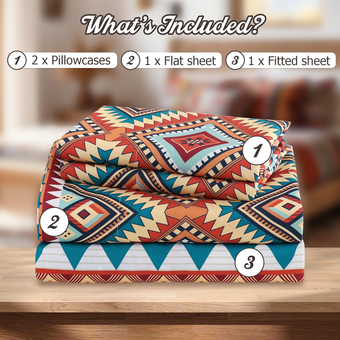 CozySmile 4 Pieces King Sheet Set Bohemian, Boho Sheets Soft Microfiber Deep Pocket, Western Sheets Geometric(King, Rust Turquoise Diamond)