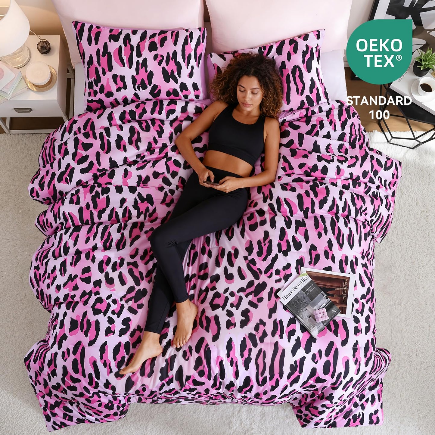 JANZAA Leopard Print Comforter Set King Size - 3 Pieces Animal Cheetah Printed Comforter Set, Cozy Soft Fluffy Pink/Floral Print Bedding Set with 2 Pillowcases for All Season