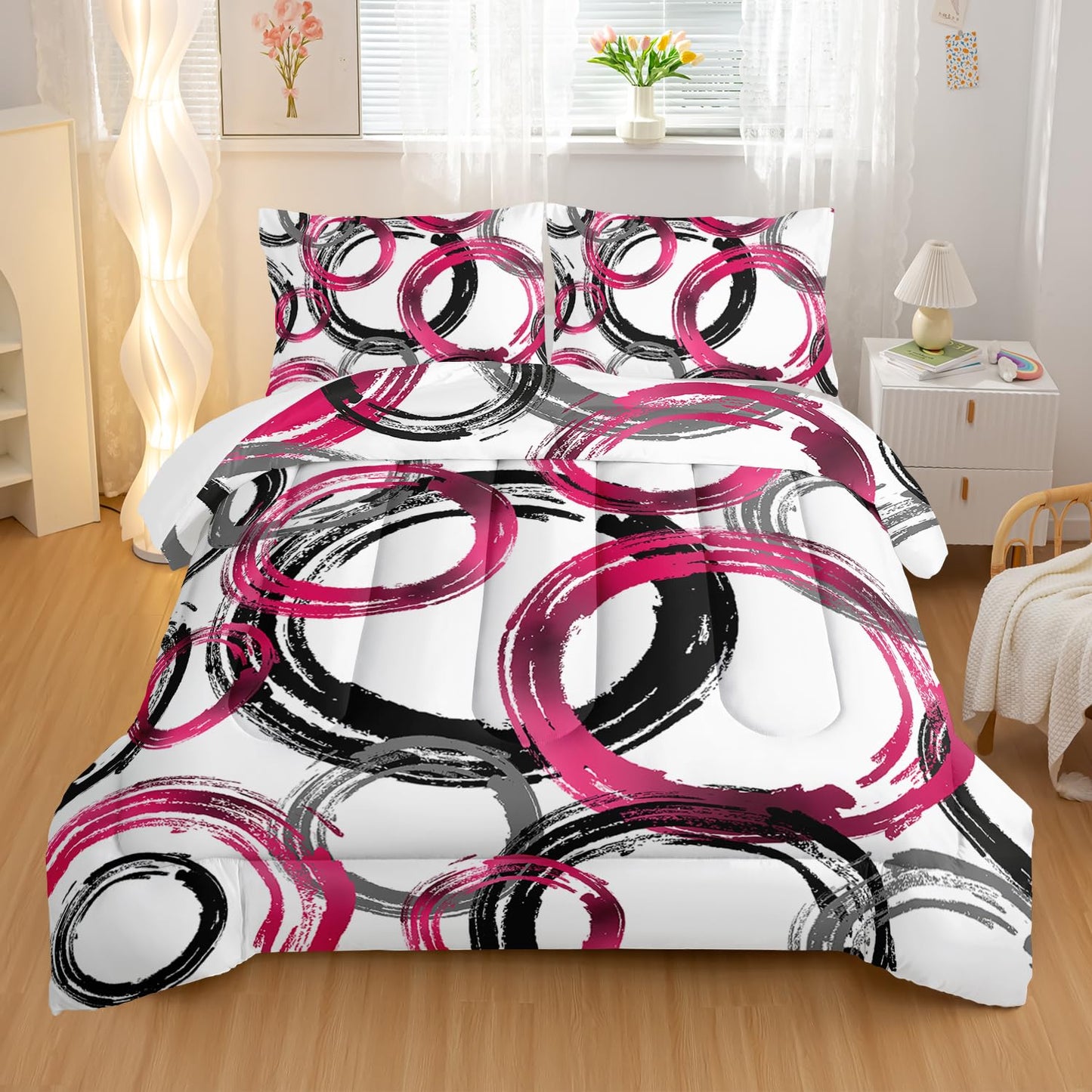 Nttopship Geometric Circle Comforter Set Pink Grey Black Geometric Bedding Set for Boys Girls Teens Retro Circle Swirls Bedding Set Bedroom Decor Modern Abstract Art Duvet Set Room Decor Twin Size