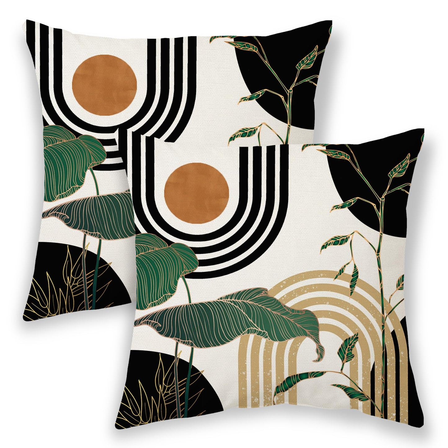 BETGINY Black Green Orange Boho Pillow Covers 18x18 Inch 2 Pcs,Tropical Leaf Summer Outdoor Decorative Throw Pillows,Mid Century Abstract Farmhouse Decor Pillowcase Linen Cushion Cover for Couch Sofa