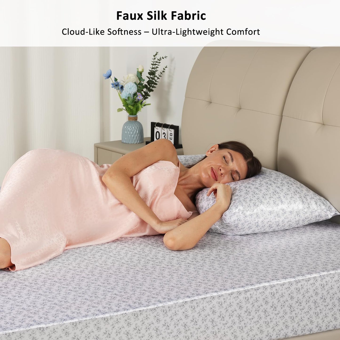 3pcs Satin Bedding Bundle: Fitted Sheet & 2 Pillowcases, Queen Size, Dark Blue Floral, Ultra Soft & Easy Care