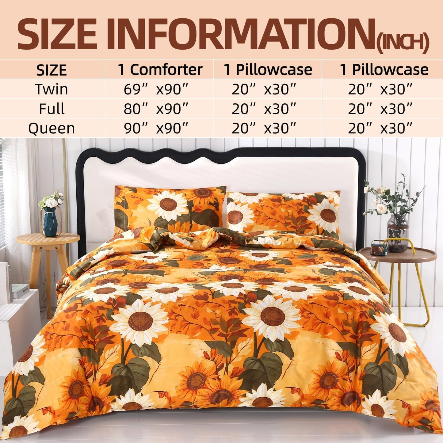 MAG 3Pcs Sunflower Twin Comforter Set,Microfiber Floral Twin Bedding Set,Boho Orange Flower Pattern,All Season Included 1 Comforter + 2 Pillowcases for Toddler Kids Boys Girls,Breathable and Wrinkle.