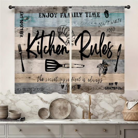 Famiffty Farmhouse Teal Gray Kitchen Rules Curtain 27.5W X 39L Inch 2 Panel Rod Pocket Rustic Country Fork Spoon Vintage Retro Wooden Board Small Short Cafe Tier Window Drapes Over Sink Bathroom Decor