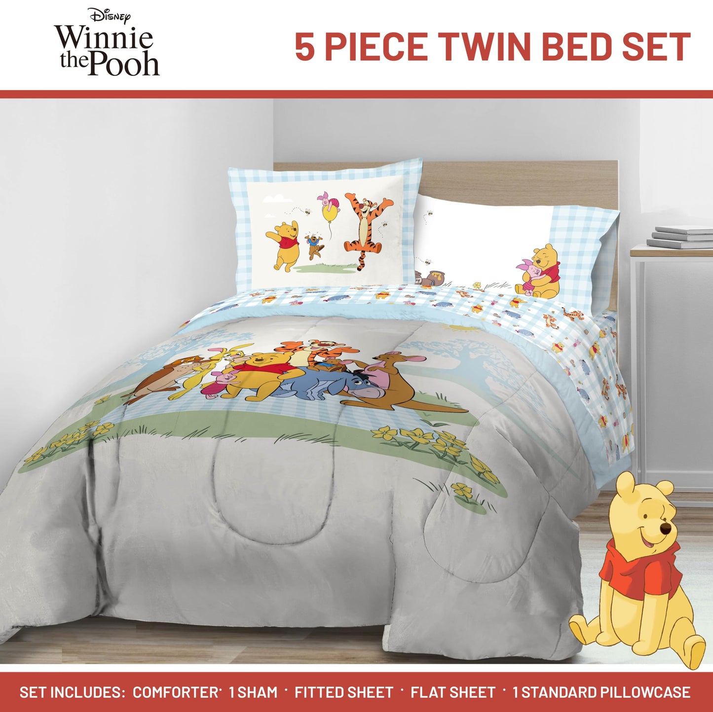 Jay Franco Kids Comforter Set Includes Sheets and Pillow Covers - Soft and Cozy Bed Set for Stylish Room Decor, Official Licensed Bedding, White - Winnie The Pooh, 5 Piece Twin