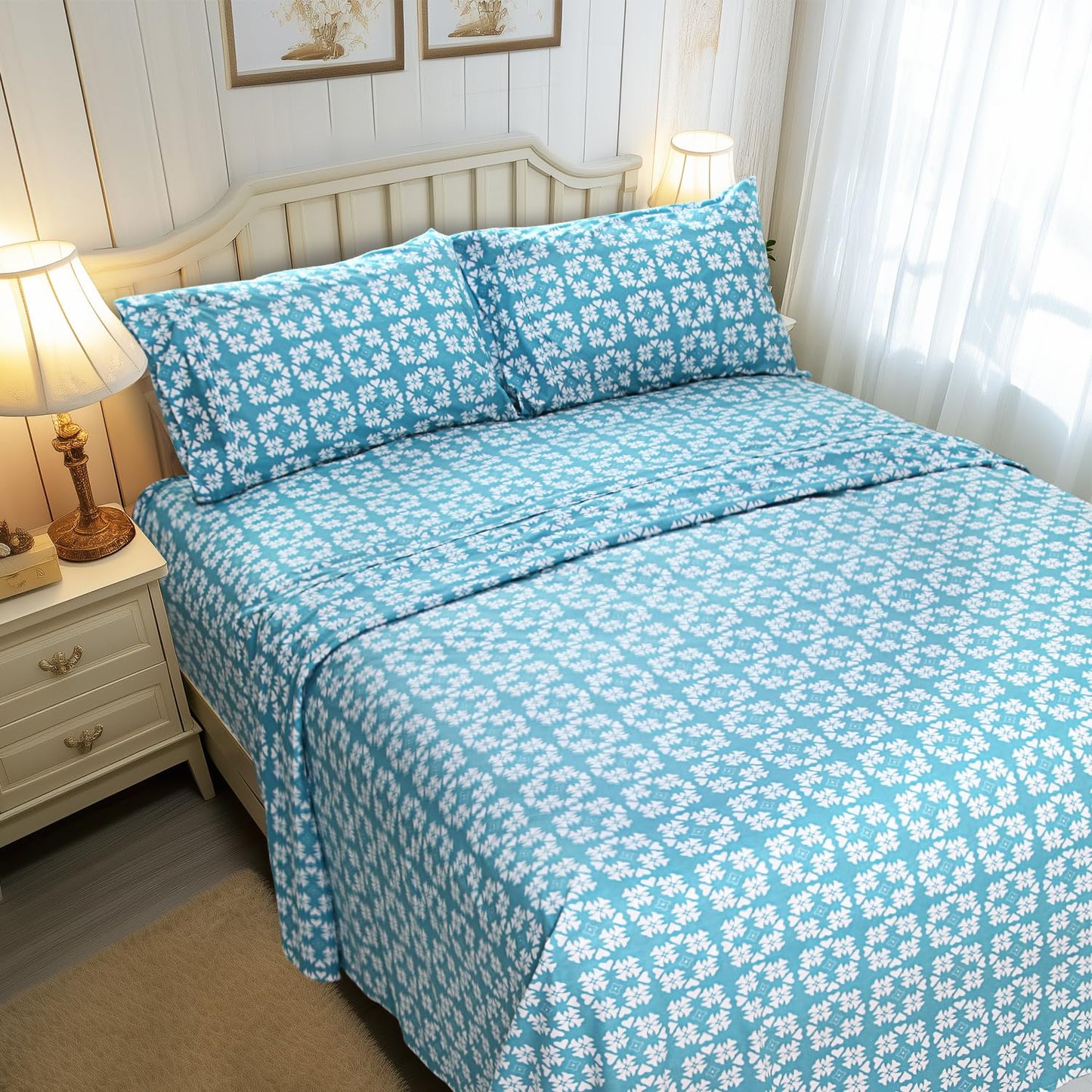Marquess Microfiber Flannel Sheet Set - Ultra Soft Printed Bedding Collection, 16 Inches Deep Pocket, Flannel Bed Set Includes 1 Flat Sheet, 1 Fitted Sheet & 2 Pillowcases (Azure Blue Flower, Queen)