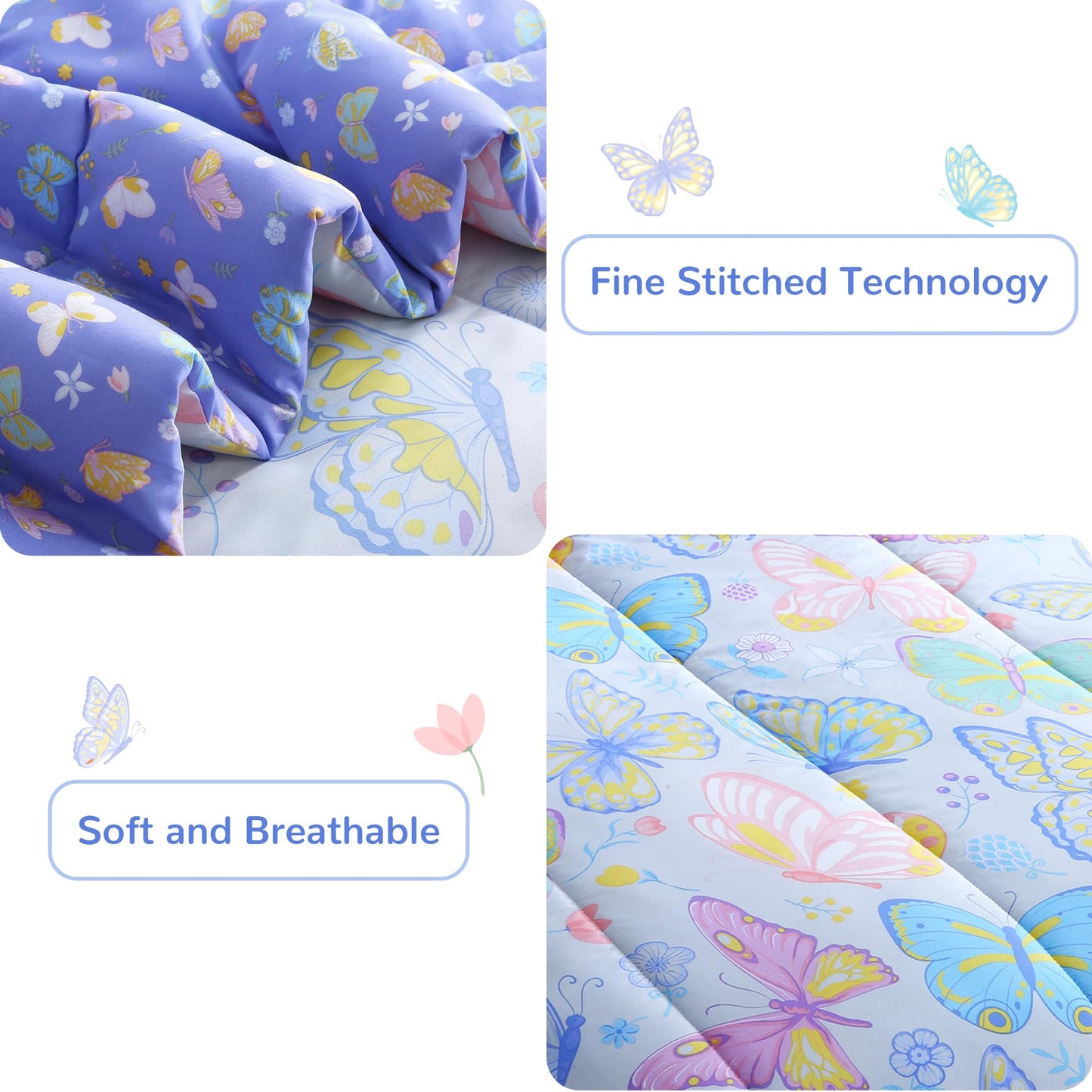 Viviland Kids Full Bedding Sets for Girls, Soft Full Comforter Set with Sheets, 7 Pieces Microfiber Bed in a Bag, Colorful Butterfly