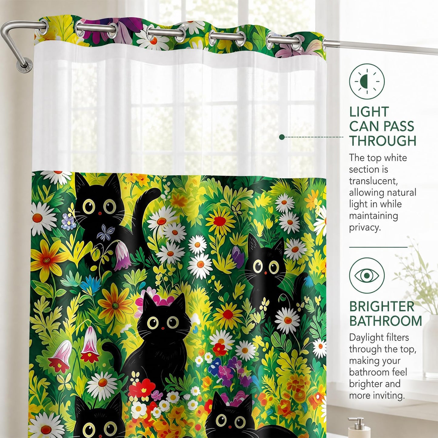 VISSTREE No Hook Shower Curtain and Liner Set, Black Cat Shower Curtain