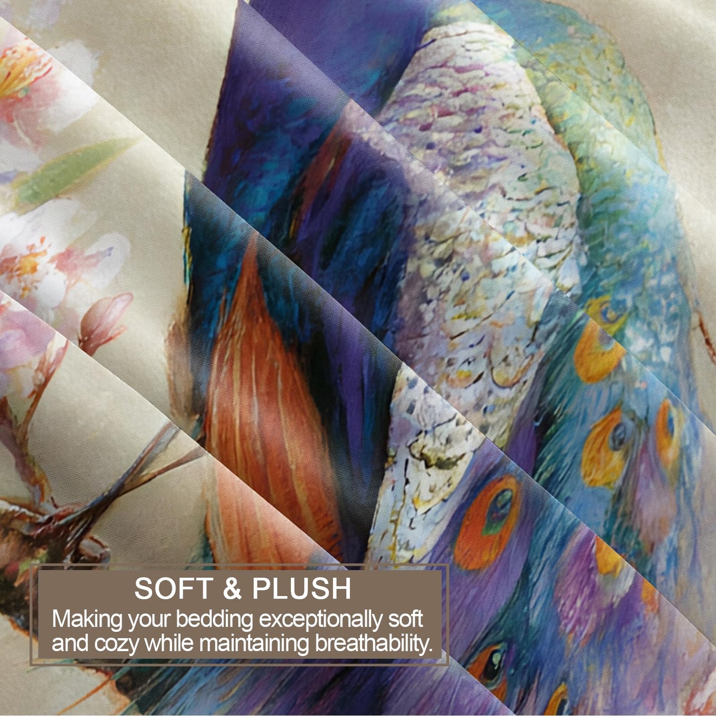 Peacock Duvet Cover Twin Size, Purple Peacock Feather Comforter Cover 68" x 90" & 2 Pillowcases, Fantasy Birds Bedding Set with Zipper Ties