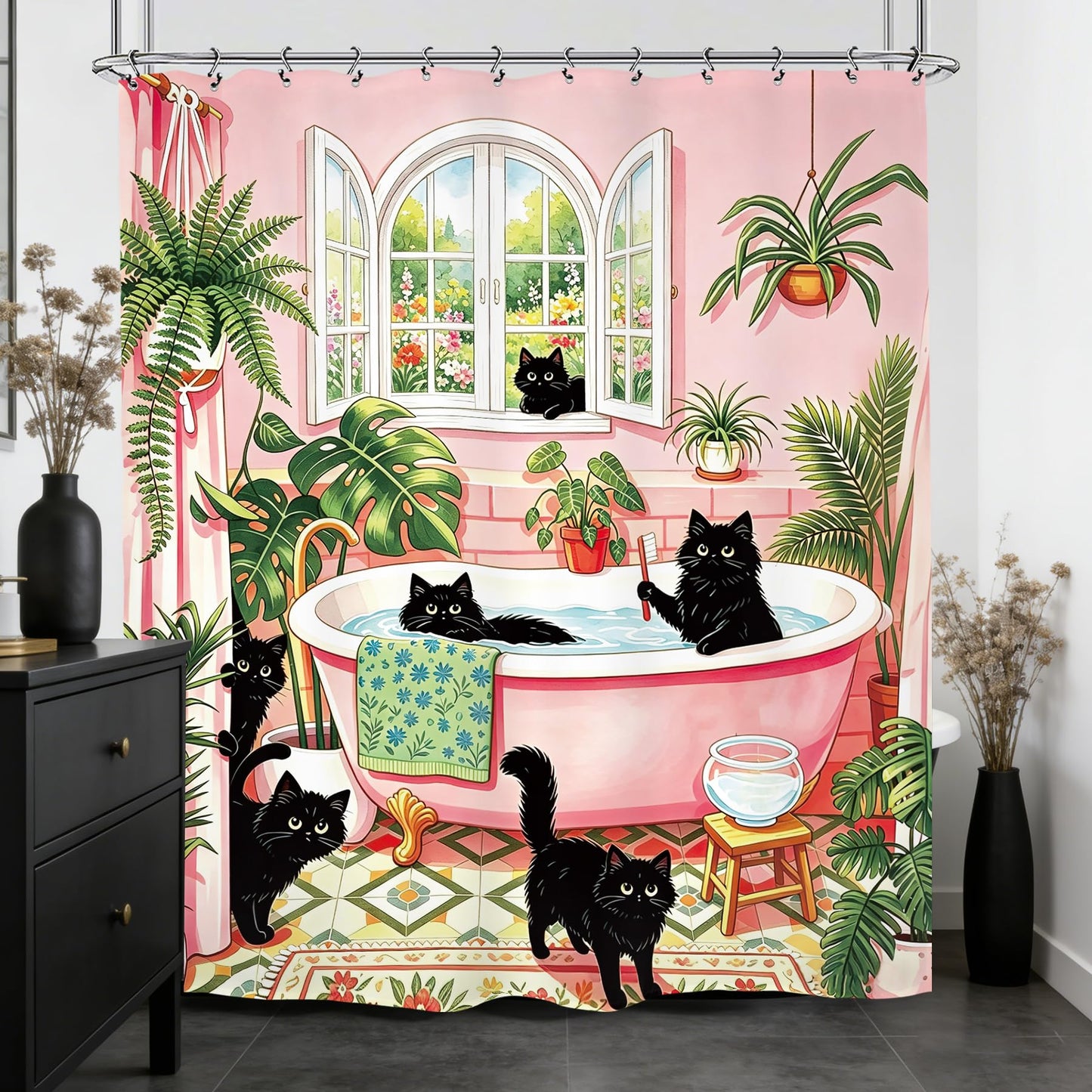Kalmico Funny Black Cat Cute Shower Curtain 60Wx72L Inch Tropical Pink Green Lovely Kitten Botanical Bathroom Set Accessories Decor with 12 Pack Hooks