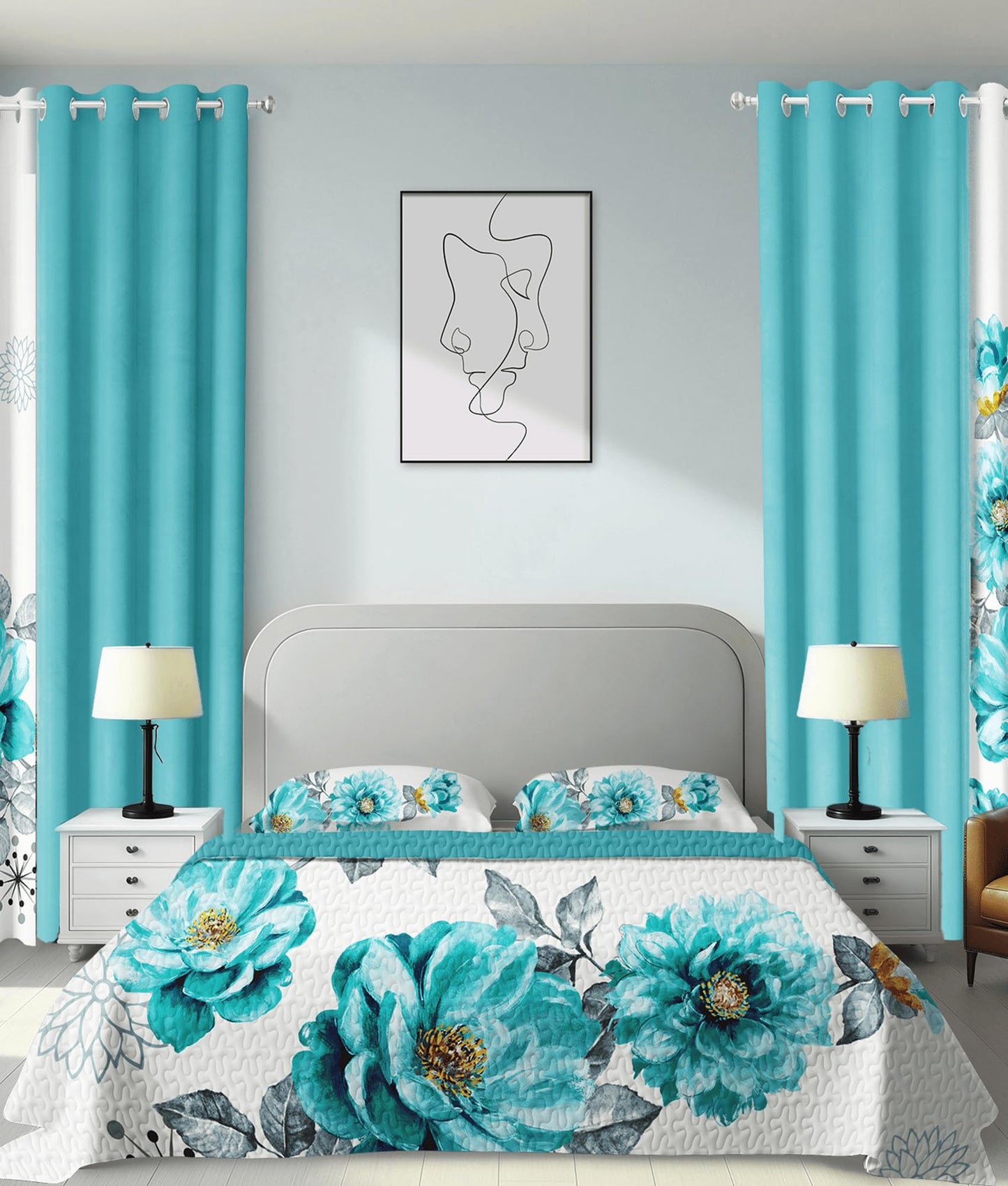 CozyCreatures Vintage Boho Mint Green King Light Comforter Set, 9-Piece Bed in a Bag with Curtains, Brushed Microfiber Bedspread Set with Matching Curtains for Master Bedroom, Machine Washable