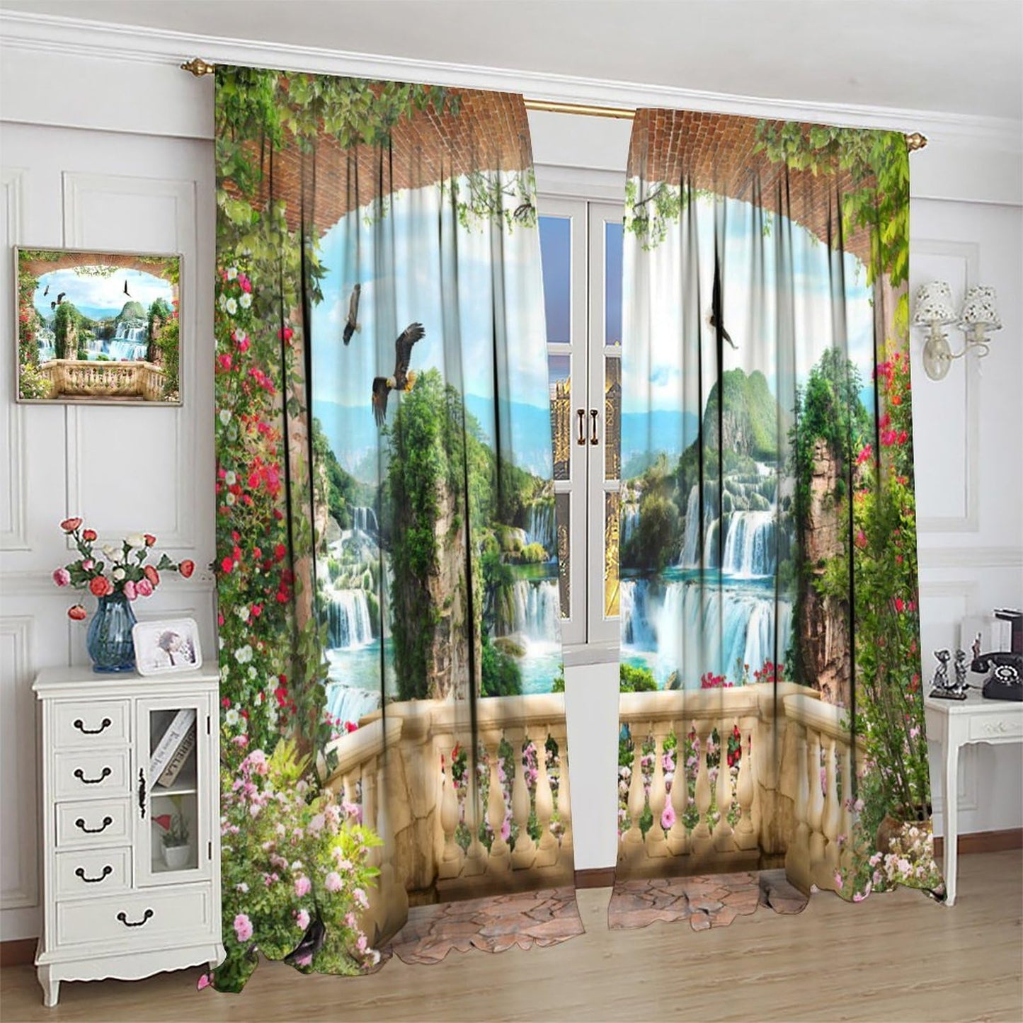 AAVEUP Italian Building Curtains for Kitchen,European Vintage Rustic Romantic Waterfall Natural Flower Landscape Architecture Window Treatments Print for Bedroom Living Room 42x45in（No Blackout）