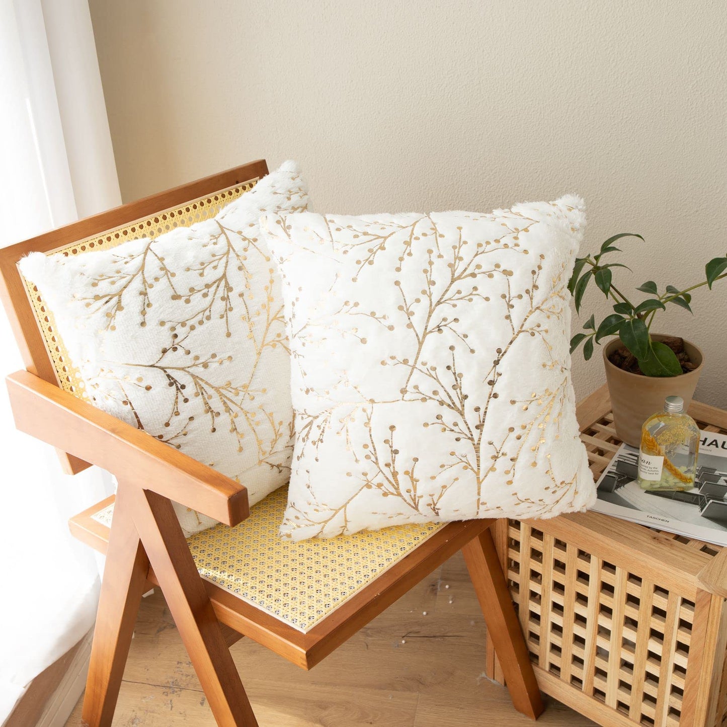 LIGICKY Set of 2 White Fluffy Pillow Covers Faux Fur with Gold Branches Glitter Throw Pillows Decorative Soft Furry Sparkling Square Cushion Cases for Sofa Bedroom Party Decor 12x12 inch (Two-Sided)