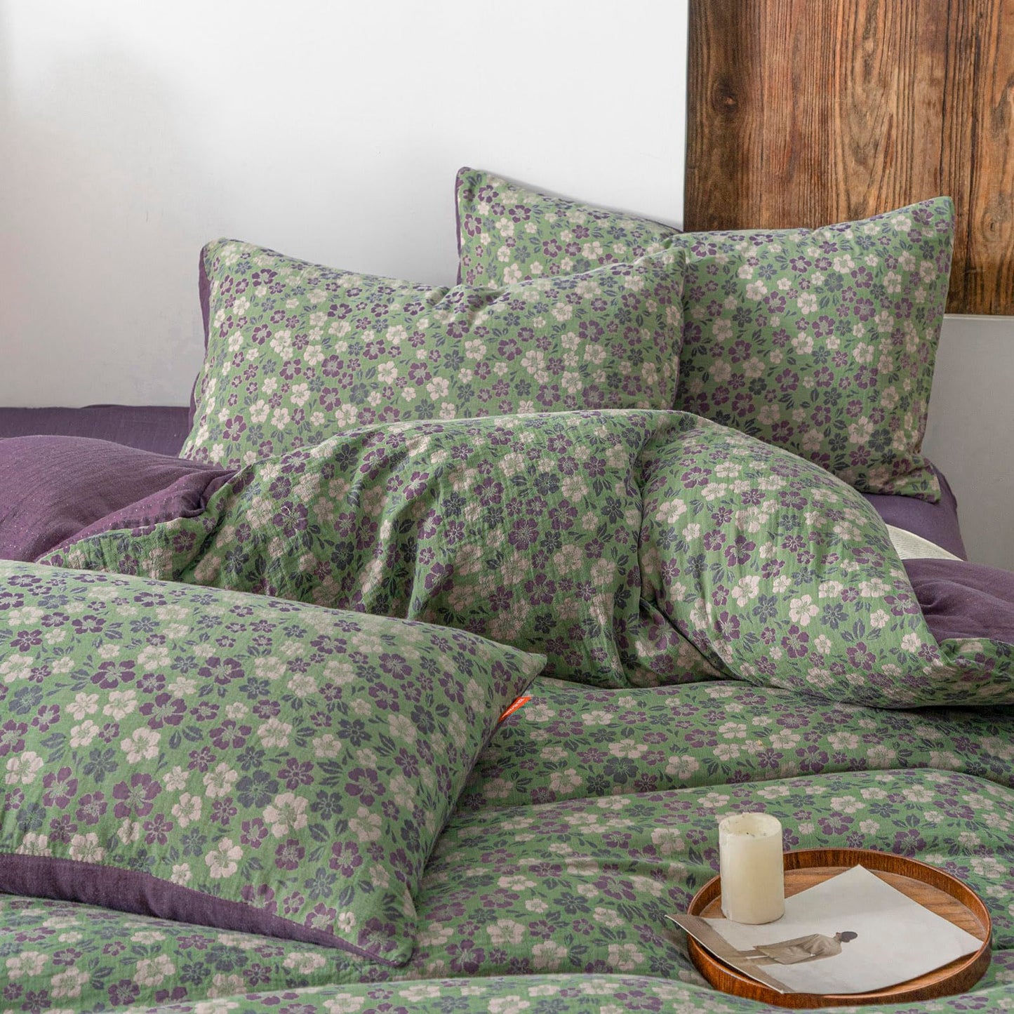 VM VOUGEMARKET Green & Purple Floral Jacquard Duvet Cover Set Queen,Breathable Double Layer Gauze Farmhouse Style Bedding Set for Home