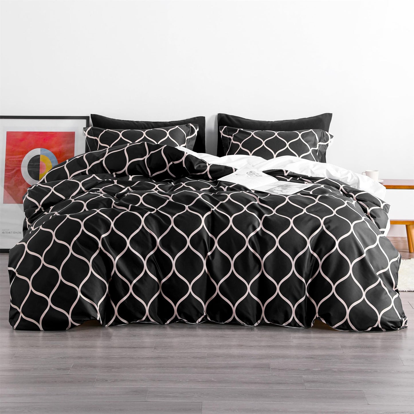 organictune Duvet Cover Twin Size, Curve Pattern Duvet Cover Set with Zipper Closure, 2 Pieces Black and White Bedding Set with Corner Ties and Pillow Shams