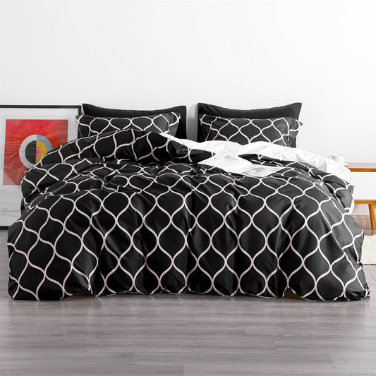 organictune Duvet Cover Twin Size, Curve Pattern Duvet Cover Set with Zipper Closure, 2 Pieces Black and White Bedding Set with Corner Ties and Pillow Shams