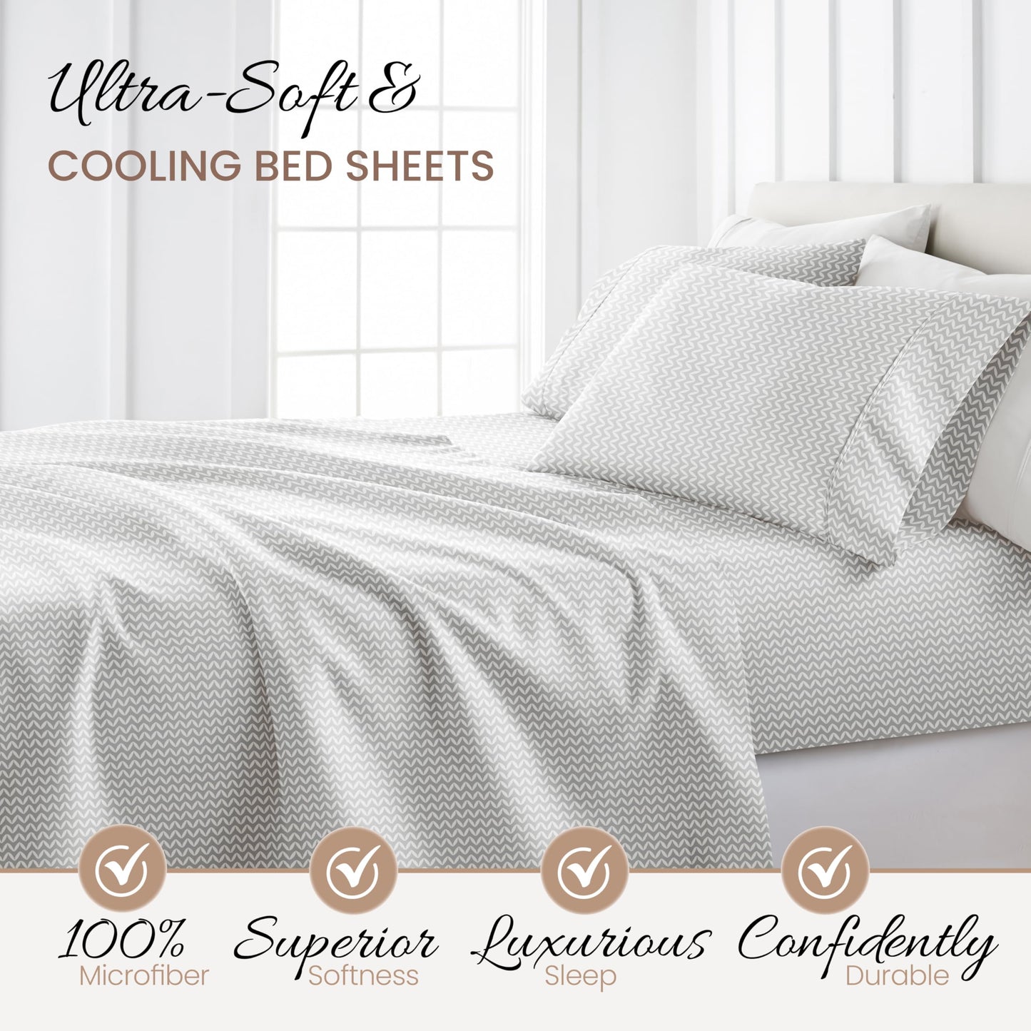 Linen Market Double-Brushed Patterned Microfiber Full Sheet Set 4 Piece – Oeko-TEX Certified Ultra Soft & Wrinkle-Free - 16" Deep Pocket Sheets - Easy Care Full Size - Puffed Chevron Light Gray