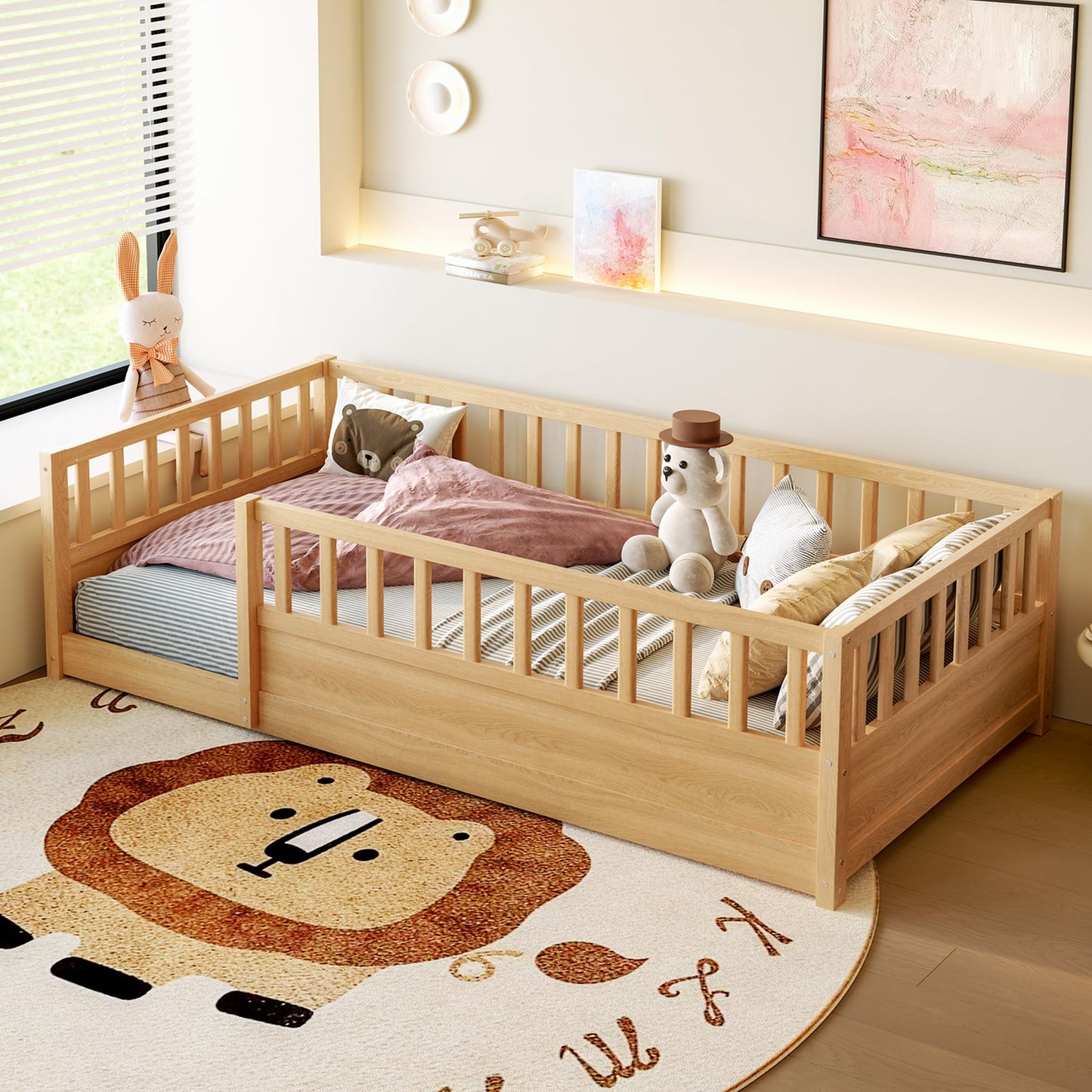 Leholume Twin Size Floor Bed with High Safety Guardrail - Solid Wood Low Profile Frame with Slats, Children's Floor Bed Frame, Easy Assembly for Kids, Natural
