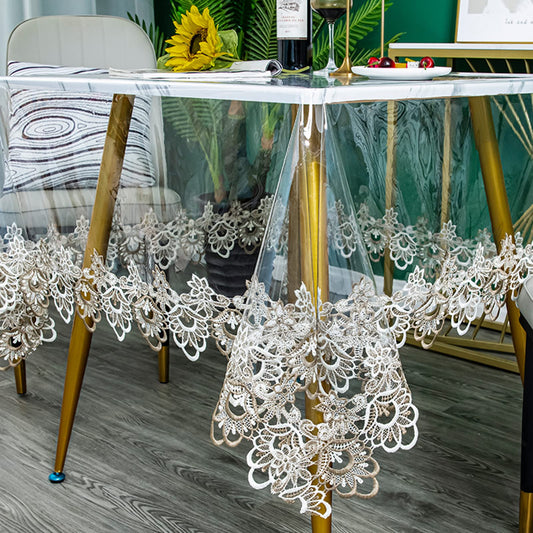 Jeloris Plastic Clear Rectangle Tablecloth Vinyl PVC Waterproof Tablecloth Embroidered Lace Edge Transparent Table Cover for Kitchen Dining Coffee Table (43x62 inch, Khaki Flora)