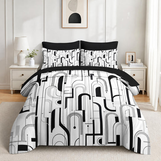 Boewywh Comforter Set Twin Size Geometric Abstract Modern 7 Pcs, Bedding for Kids and Adults, Minimalist Black Bed Sheet Sets with Fitted Sheet 2 Pillowcases & 2 Shams for Bedroom Bed Decor