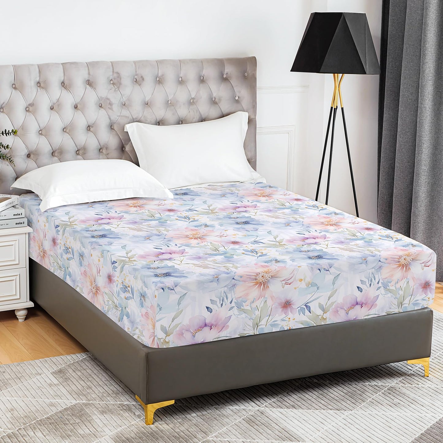 YIYEA Floral Fitted Sheet Only, Premium Double Brushed Microfiber Deep Pocket Fitted Sheet Queen Size, Ultra Soft Fitted Bottom Sheet, Shrinkage, Fade Resistant, Queen
