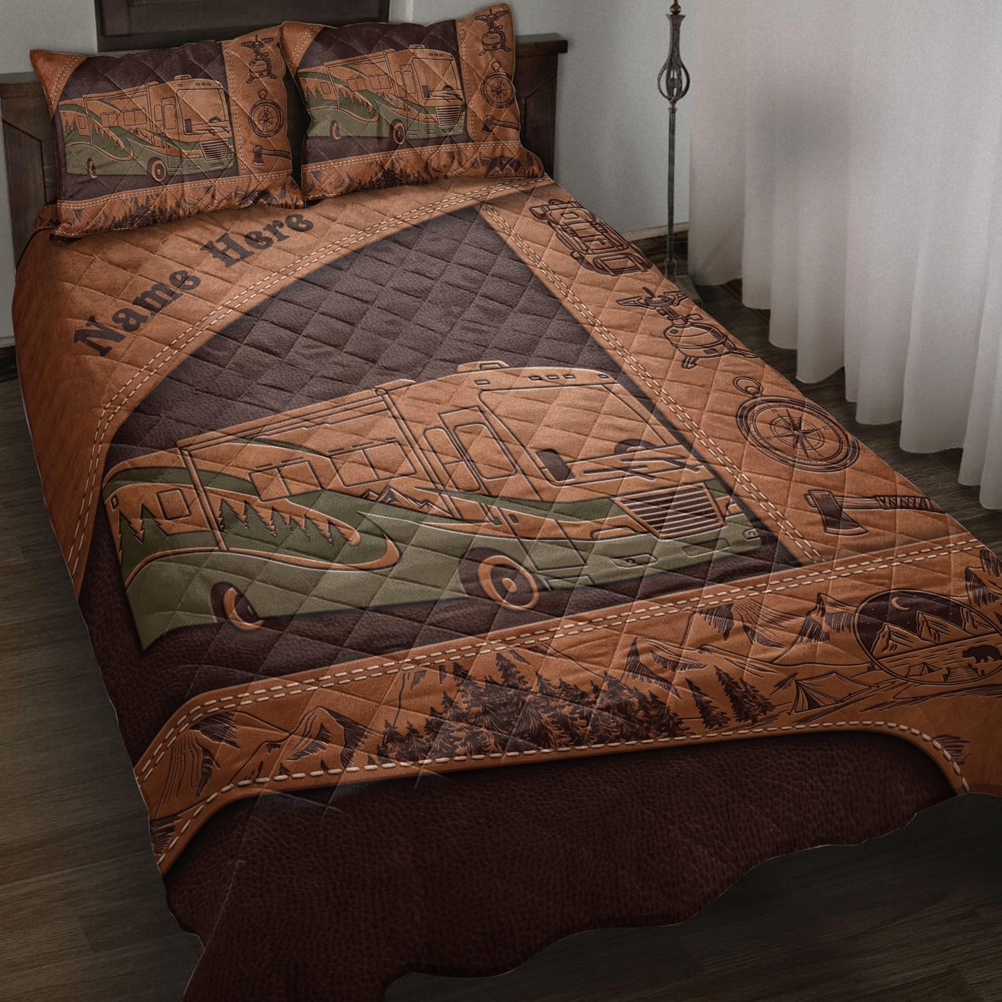 OhaPrints Custom Camping Lover Camper Class A Brown Gift Personalized Name Quilt Blanket & Pillowcases, Quilts Bedding Set & Pillow Cover, King Queen Double Twin Throw Full Size Bedspread Bed Sets