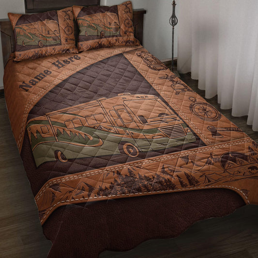 OhaPrints Custom Camping Lover Camper Class A Brown Gift Personalized Name Quilt Blanket & Pillowcases, Quilts Bedding Set & Pillow Cover, King Queen Double Twin Throw Full Size Bedspread Bed Sets