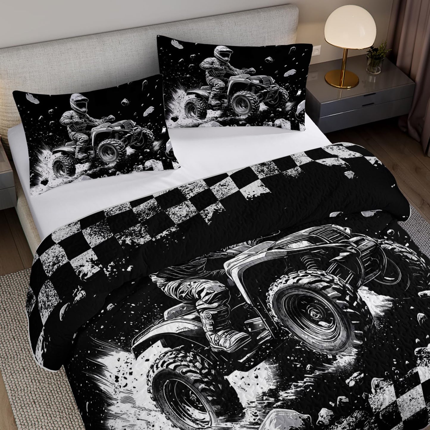 XYNHML Cool Motocross Rider Quilts Bedding Twin 3Pcs Racing Dirt Bike Quilt Set Extreme Sports Racer Grid Lightweight Soft Bedspread Coverlet with 2 Pillowcases for Kid Boy Girl Teen Adult Bed Decor