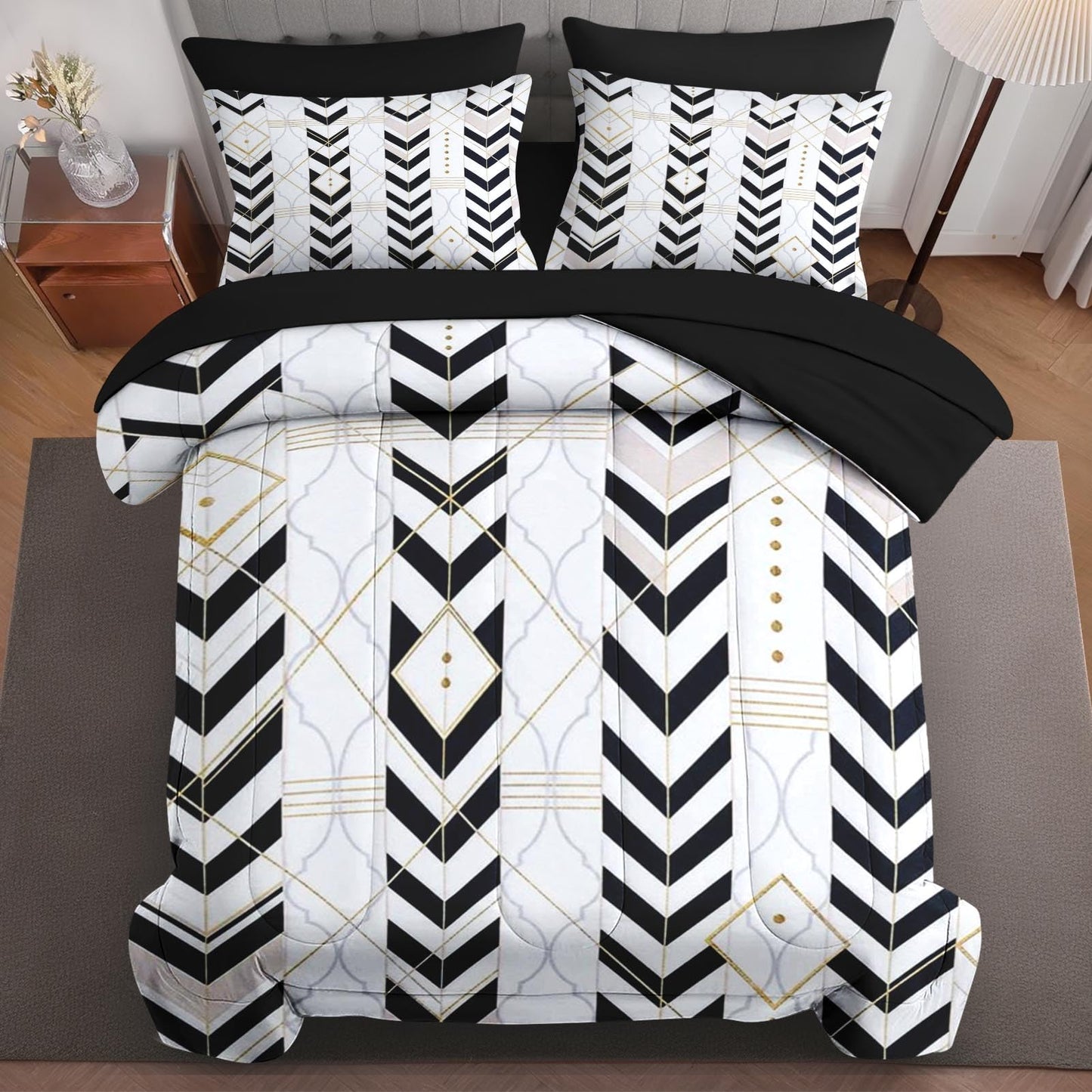 Boewywh Comforter Set Twin Size Geometric Gold Modern 7 Pcs, Bedding for Kids and Adults, Black Boho Bed Sheet Sets with Fitted Sheet 2 Pillowcases & 2 Shams for Bedroom Bed Decor