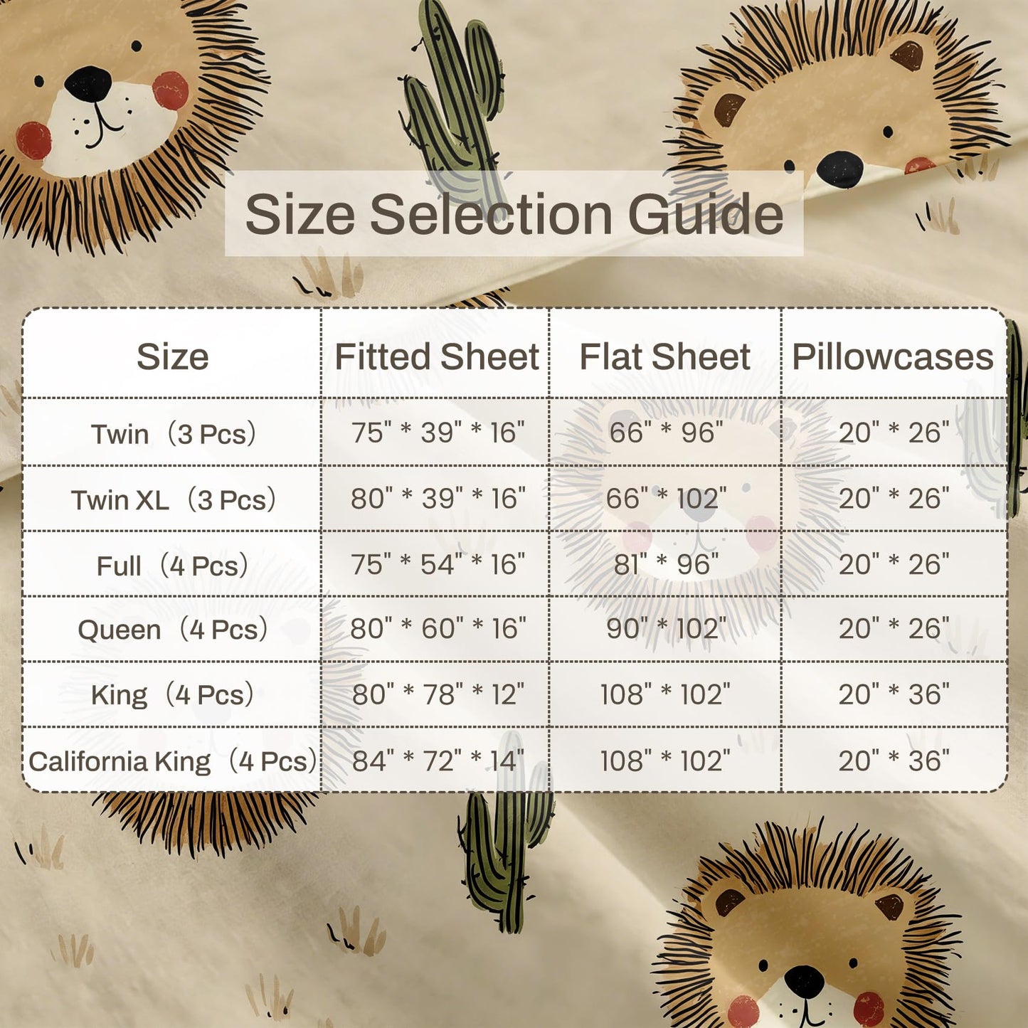 Cute Lion Sheet Set, 3 Pcs Twin Size Kids Wildlife Bed Sheets