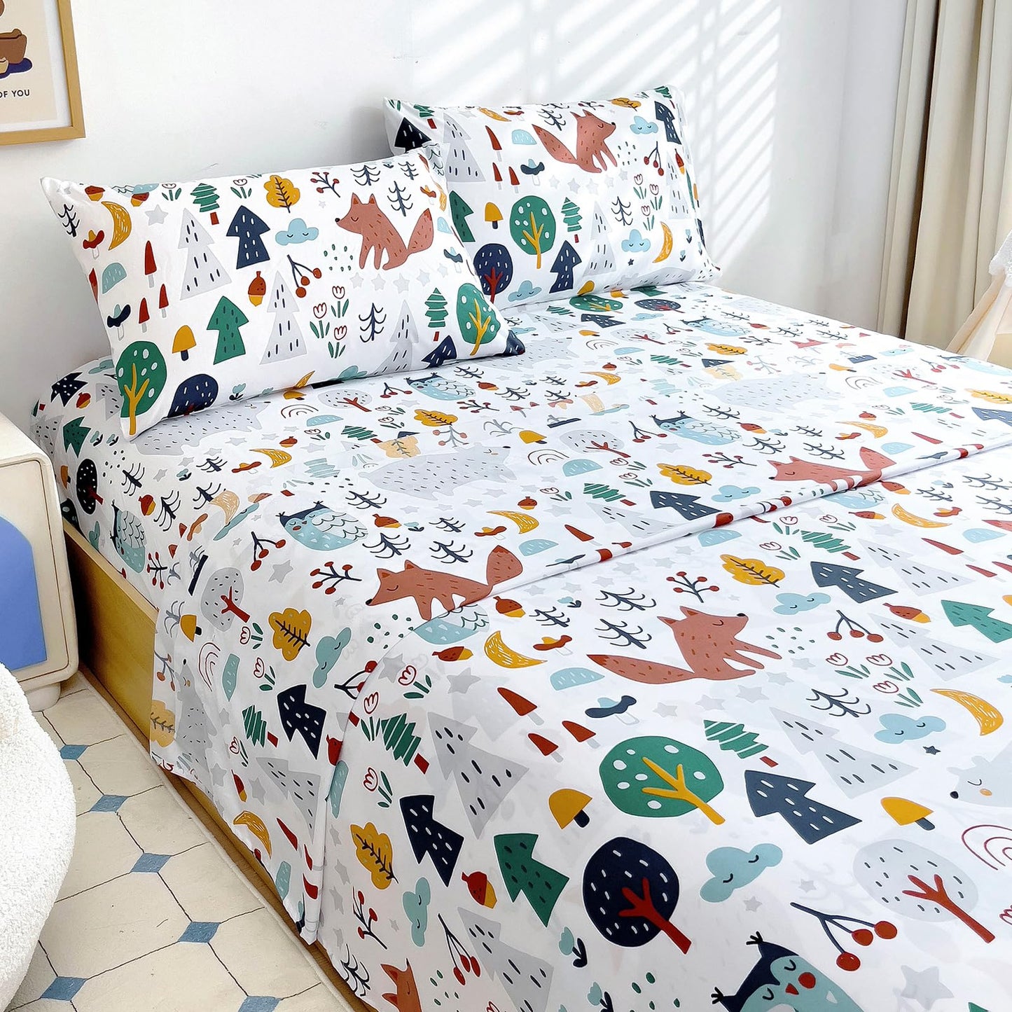 Homilay Full Sheet Set Kids - Cute Fox 4 Pieces Soft Microfiber Cartoon Style Bedsheets for Boys Girls Teens, Oeko TEX Breathable 15 Inch Deep Pocket Sheets(Forest)