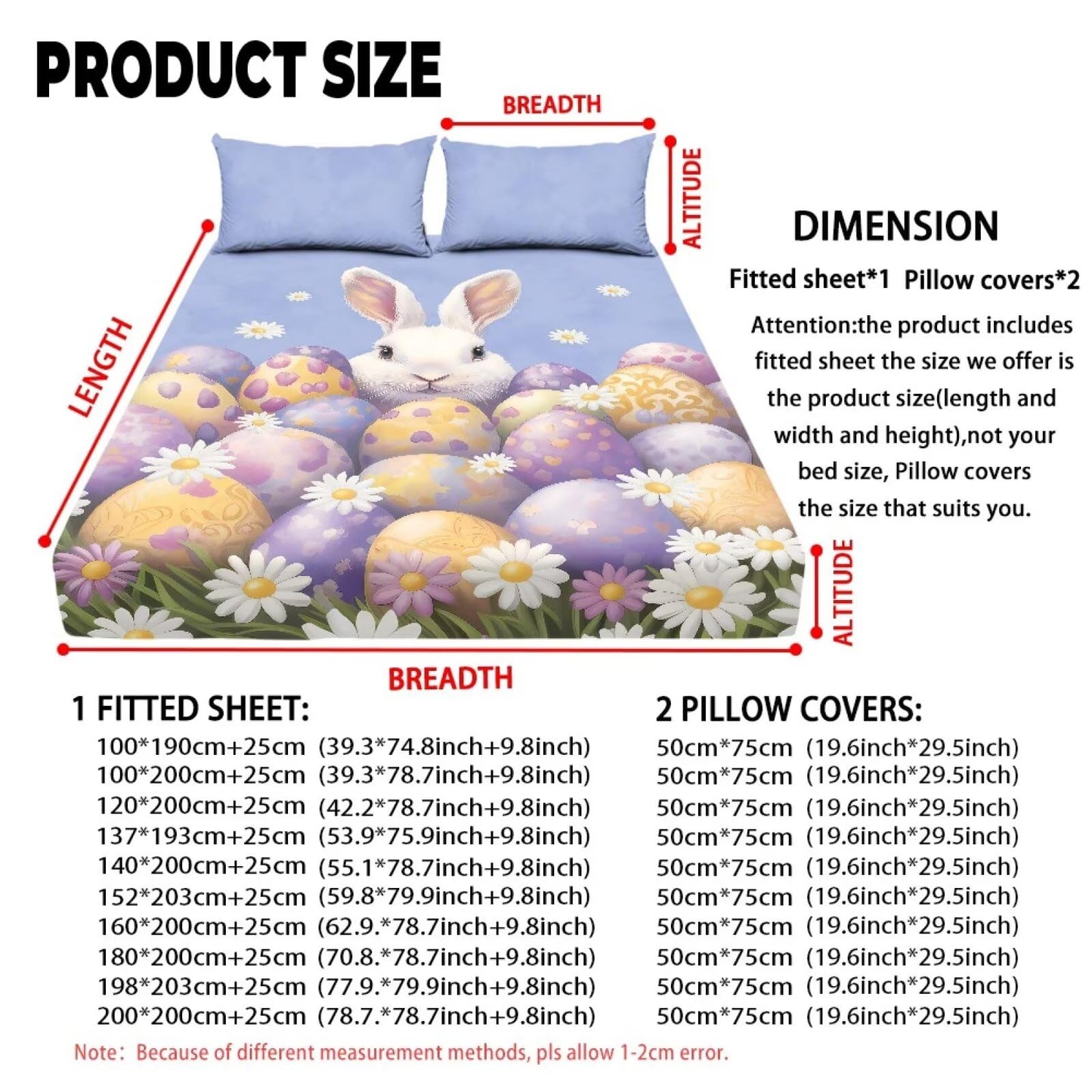 ZDCUSTOM Easter Bedding Set Twin XL Size Eggs Bunny Fitted Sheet with 2 Pillowcases,3 Pieces Fresh Cute Printed Soft Sheet Set Easy Care & Non-Slip Home Decor, 39" x 79"