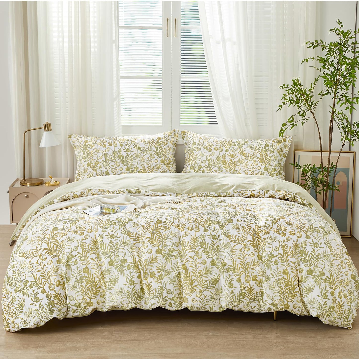 SAPHREAS Full Size Yellow Leaves Pattern Duvet Cover Set 3pcs 100% Cotton Soft Leaf Bedding Comforter Cover Set 1 Duvet Cover 2 Pillow Shams, Comforter Not Included