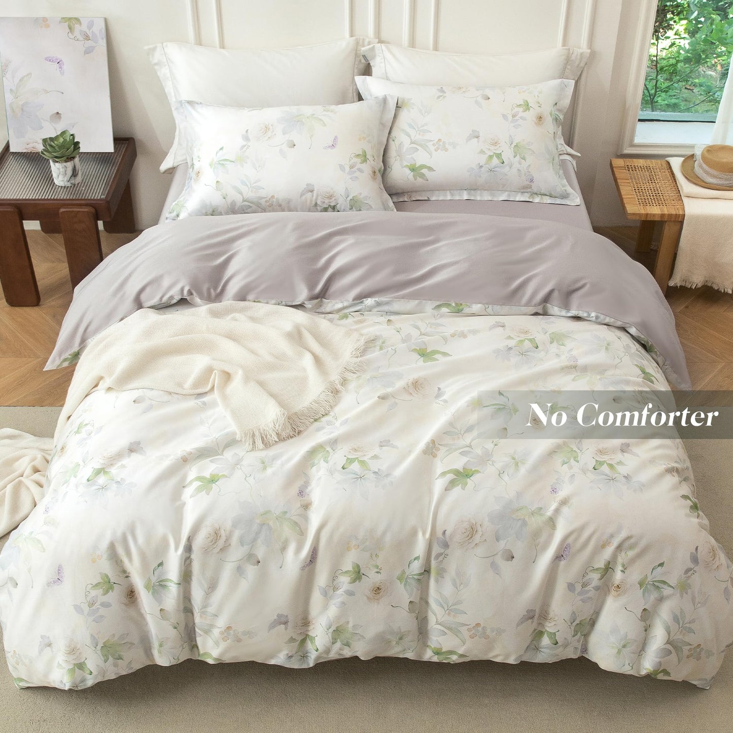 MILDLY Queen Duvet Cover Set - 100% Long-Staple Cotton Beige Floral Patten Reversible Comforter Cover - 3Pcs Soft Breathable Luxury Bedding for All Season